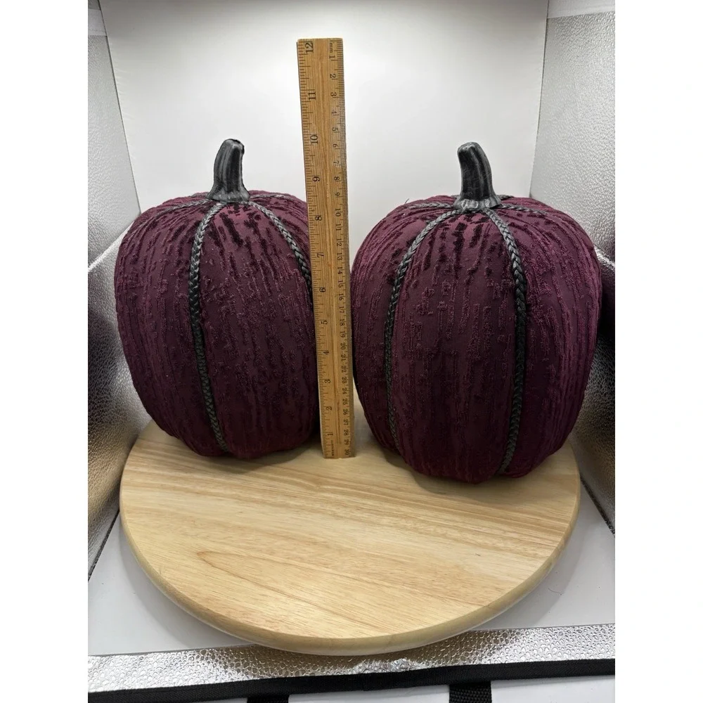 Set of 2 Halloween Fabric Pumpkin Figurines Purple Black Braid Detail 10 in
